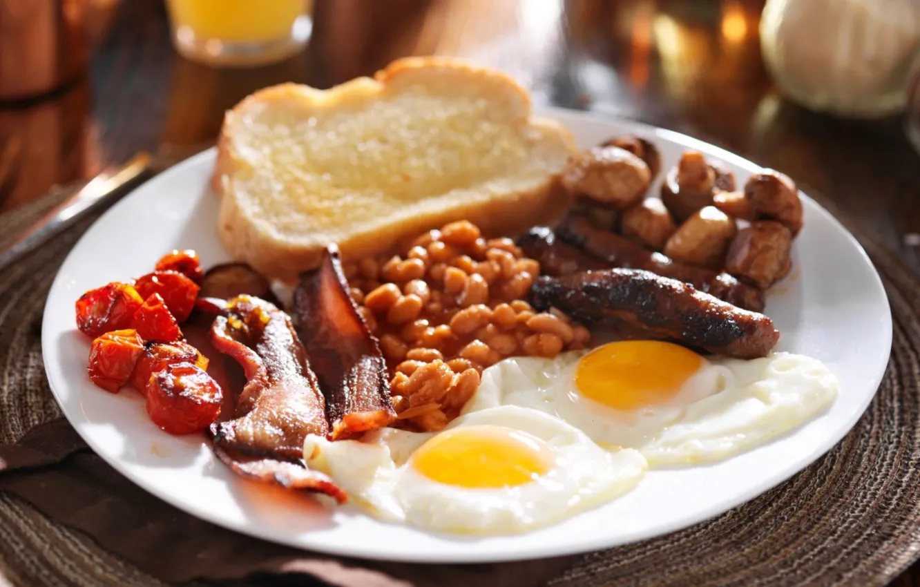 Фото обои сосиски, завтрак, яичница, английский, фасоль