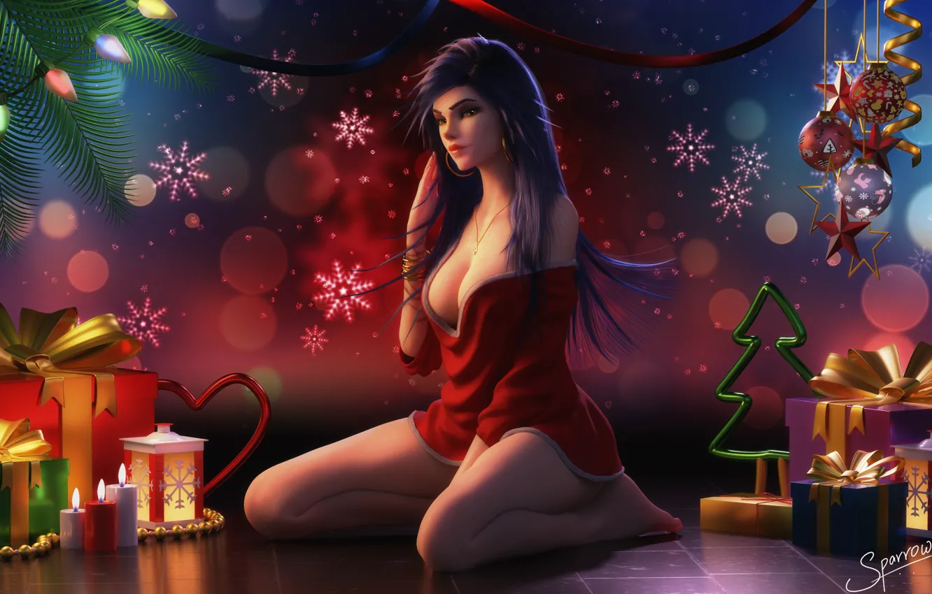 Фото обои грудь, девушка, подарок, новый год, christmas, blizzard, Overwatch, widowmaker