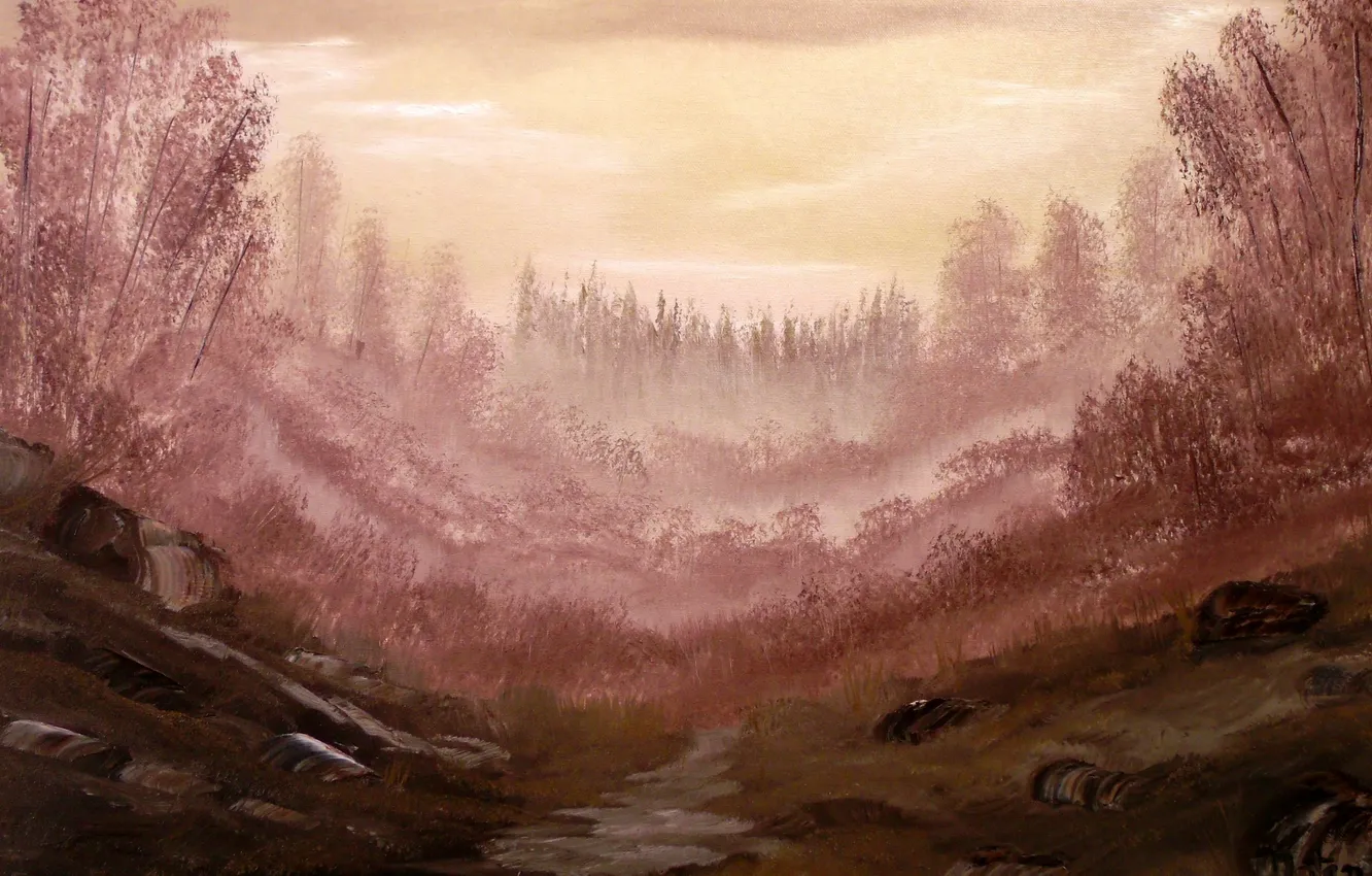 Фото обои деревья, река, камни, нарисованный пейзаж