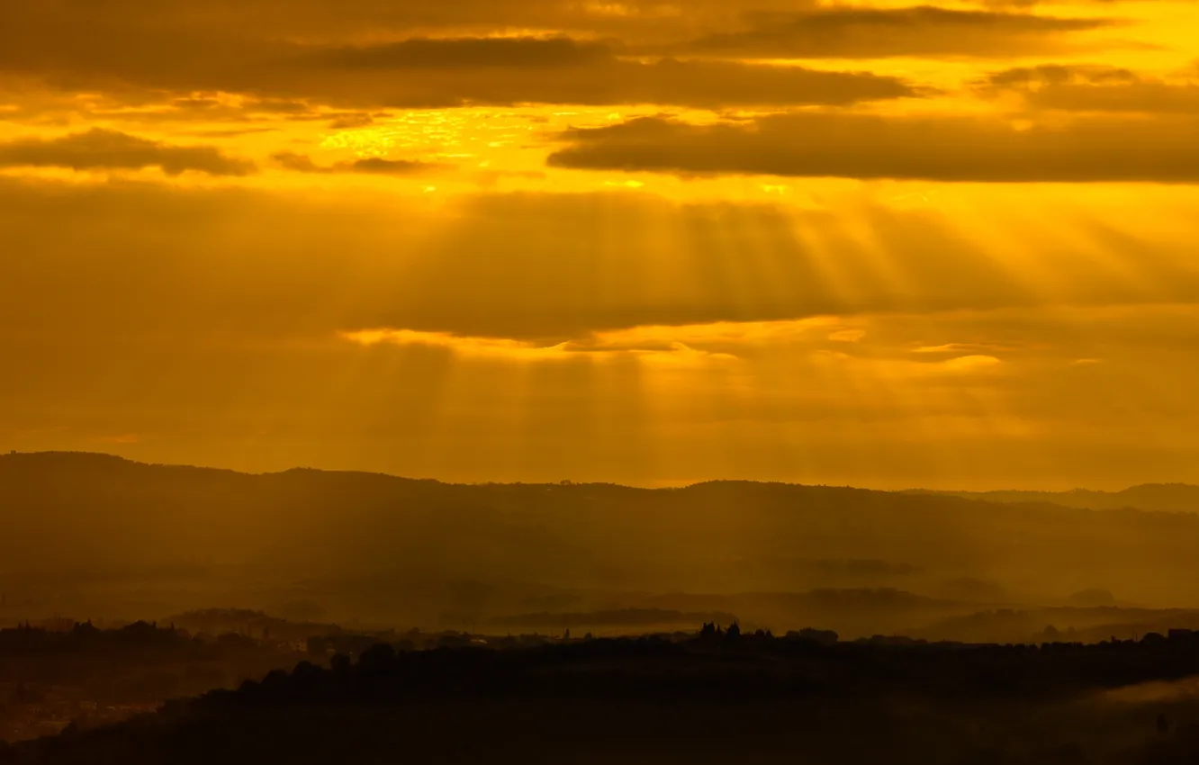 Фото обои солнце, лучи, свет, закат, холмы, tuscan glow