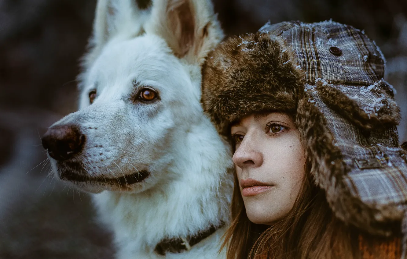 Фото обои девушка, лицо, друг, собака, шапка-ушанка