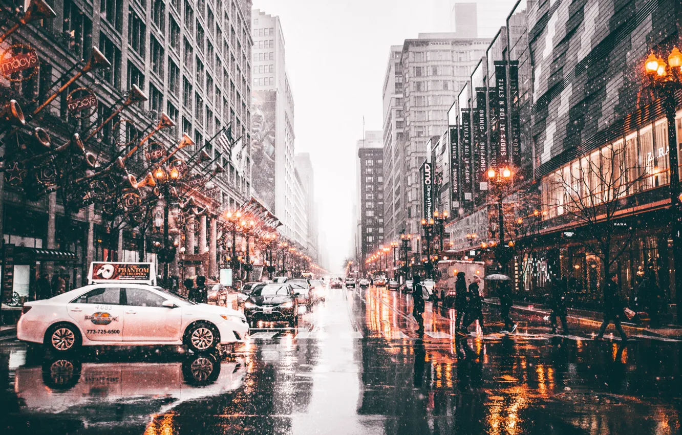 Фото обои машины, город, огни, люди, улица, Чикаго, США