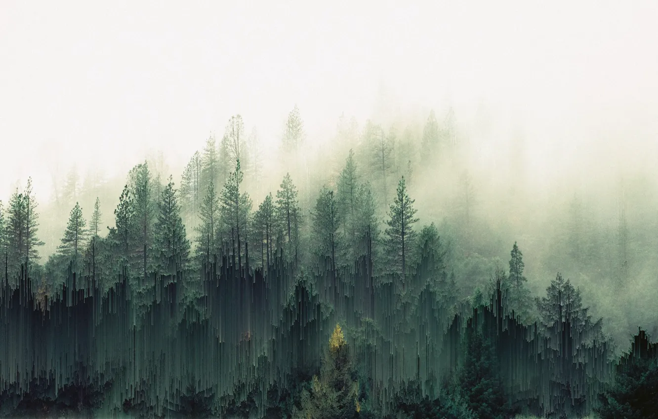 Фото обои Туман, Лес, Арт, Пиксели