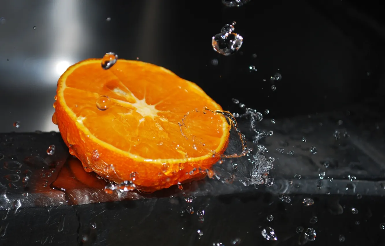 Фото обои вода, капли, макро, брызги, апельсин, water, orange
