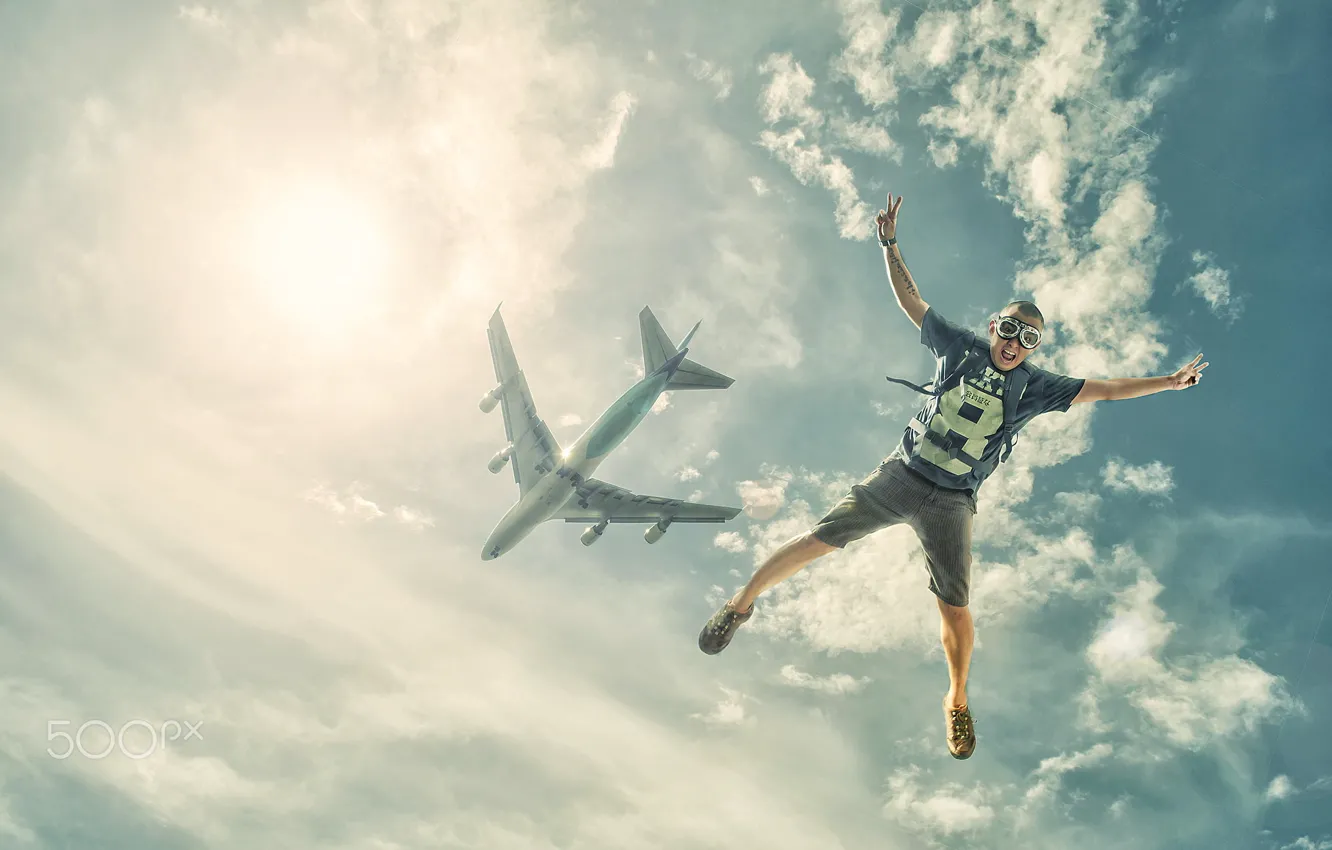 Фото обои небо, полет, самолет, прыжок, парашют, крик, скайдайвинг