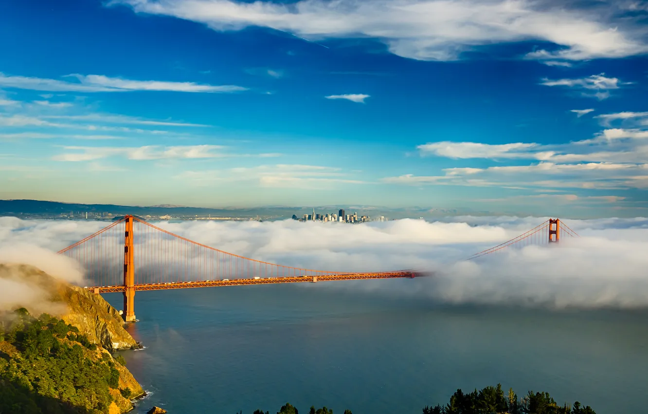 Фото обои небо, облака, мост, город, туман, залив, Сан-Франциско, Золотые ворота