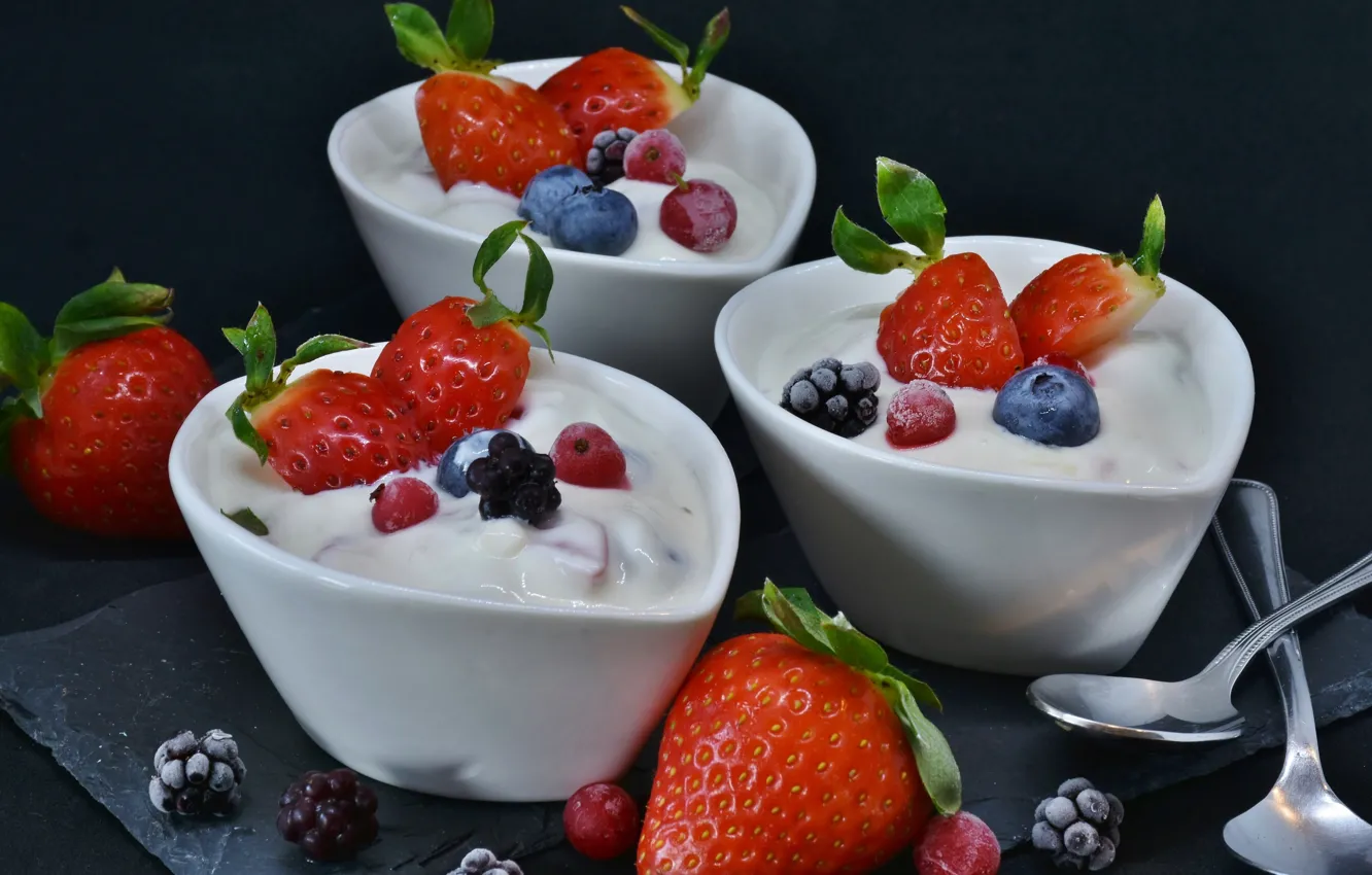Фото обои ягоды, завтрак, клубника, десерт, strawberry, йогурт
