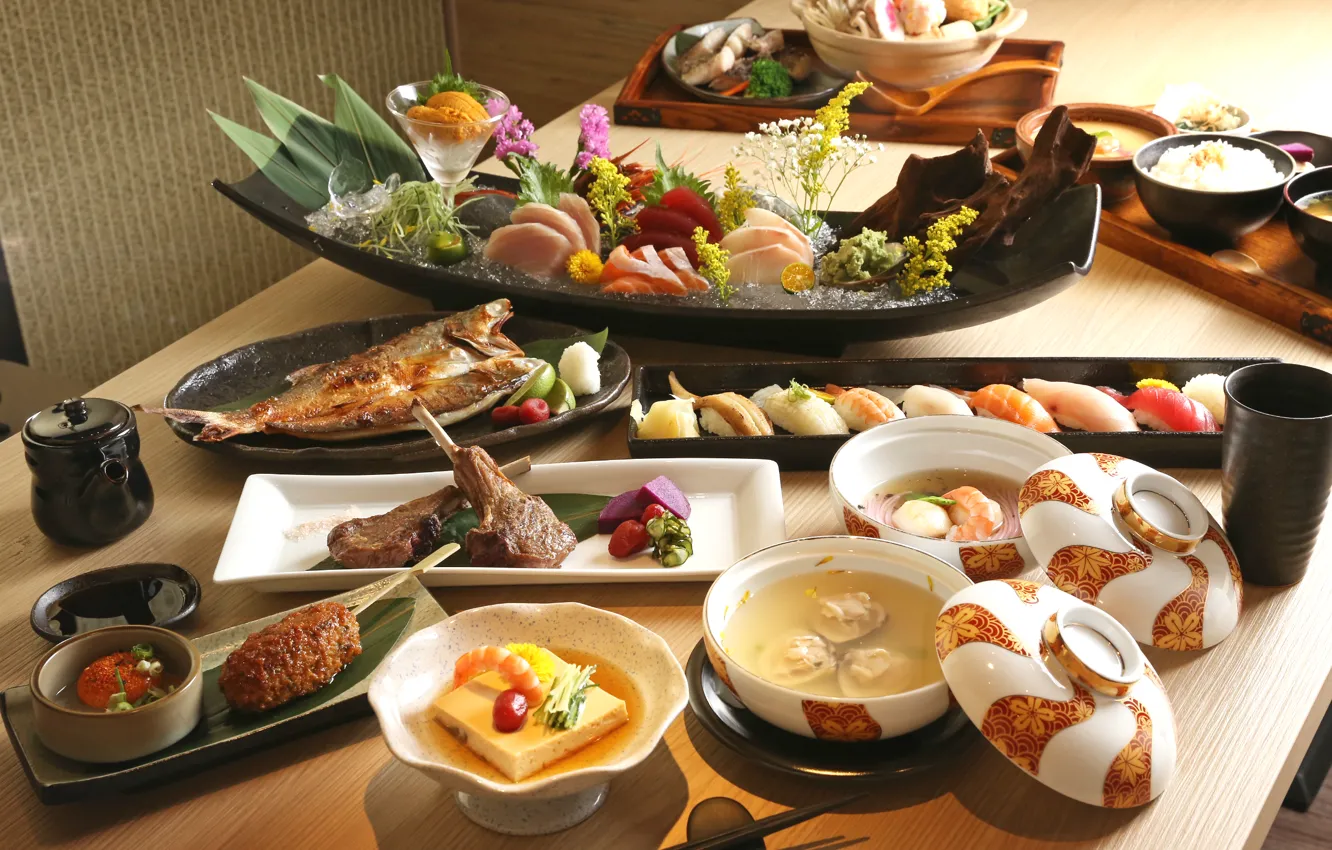 Фото обои рыба, суп, мясо, рис, суши, морепродукты, японская кухня, блюда