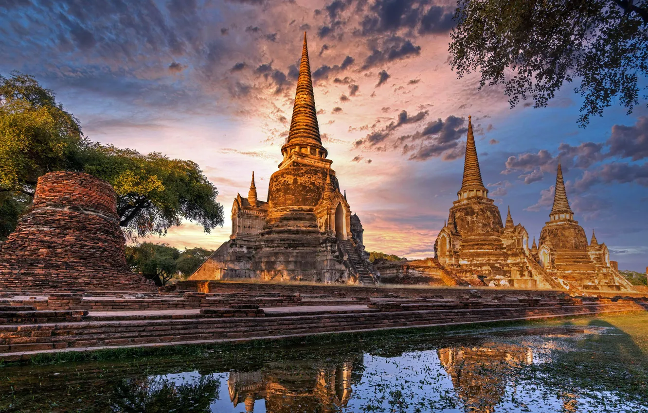 Фото обои Река, Таиланд, Thailand, Аюттхая, Ayutthaya, Пагоды, Отражение в воде, Ayutthaya Historical Park