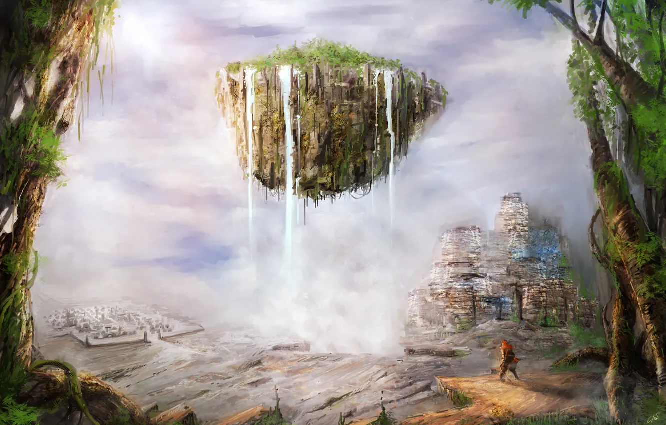 Фото обои горы, фантастика, человек, остров, джунгли, арт, by cloudminedesign, летающий