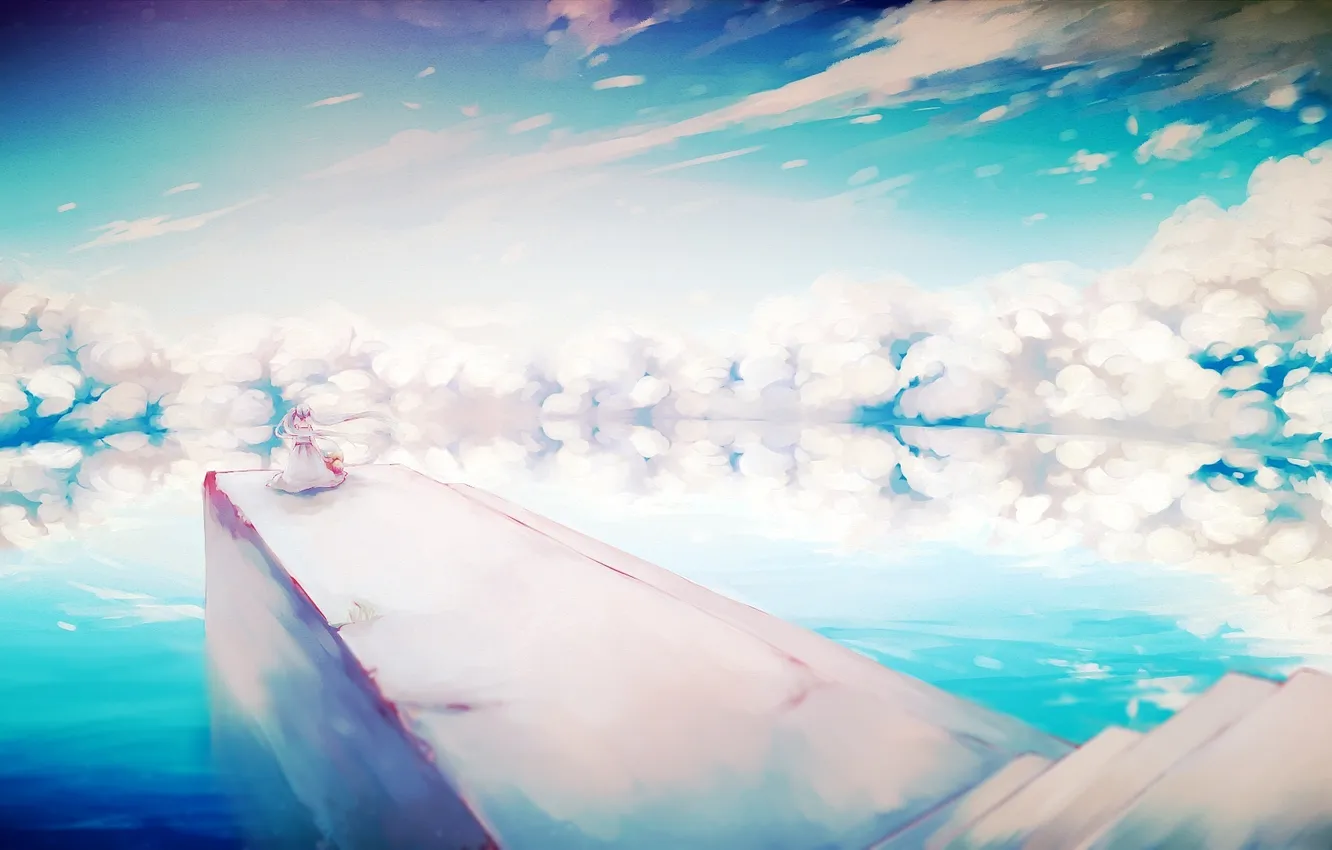 Фото обои небо, вода, девушка, облака, мост, отражение, океан, аниме
