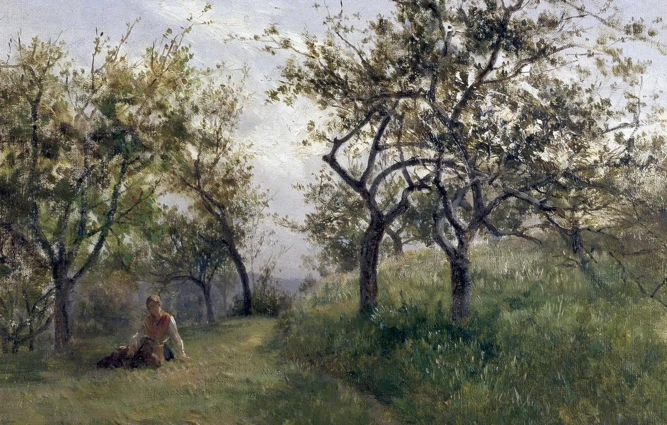 Фото обои трава, девушка, деревья, пейзаж, природа, картина, Карлос де Хаэс, Яблони в Нормандии