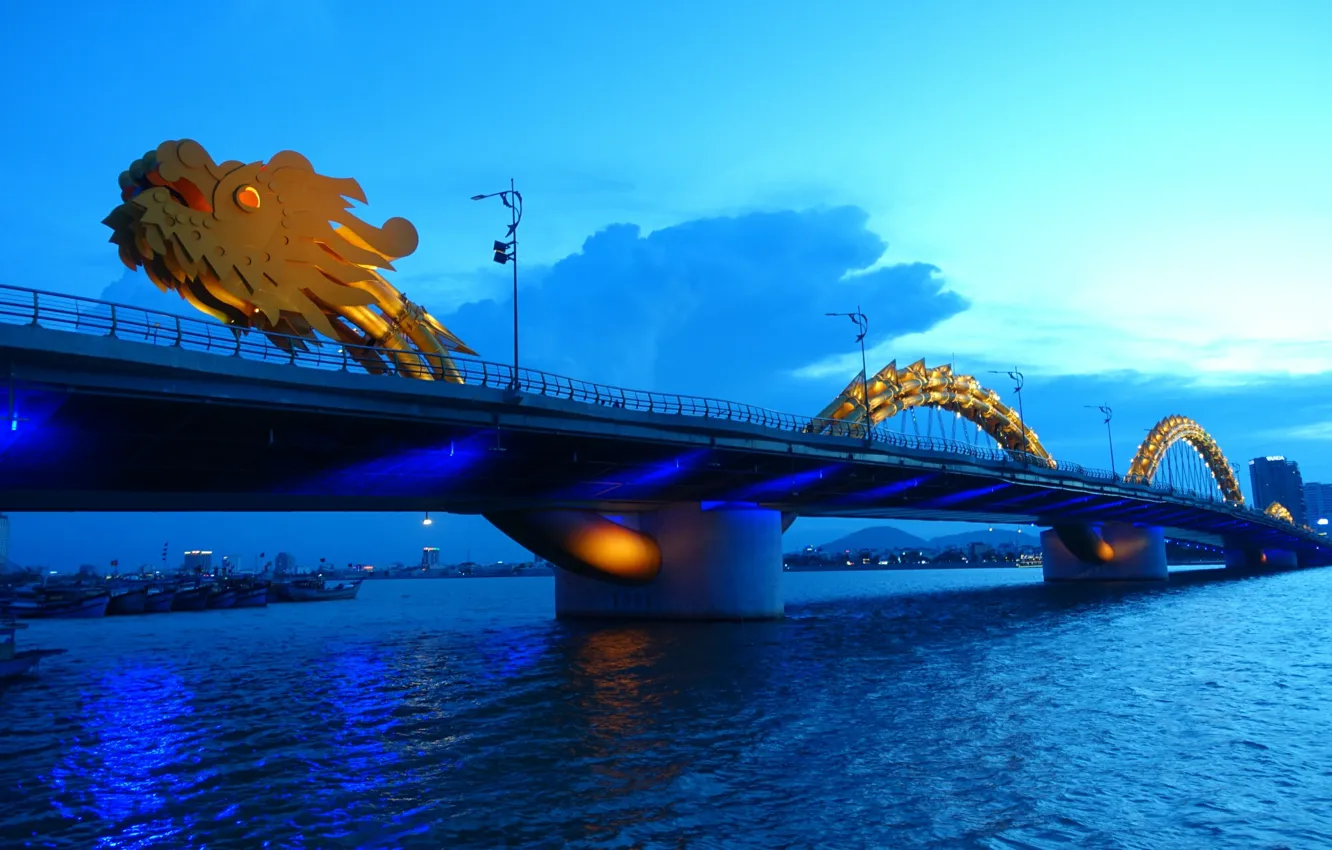 Фото обои city, lights, twilight, river, sky, bridge, sunset, water