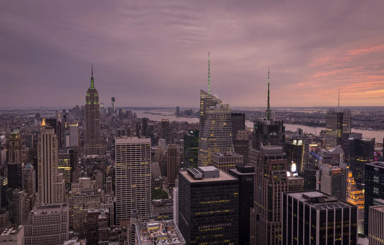 Фото обои город, река, Нью-Йорк, небоскребы, сумерки, New York City