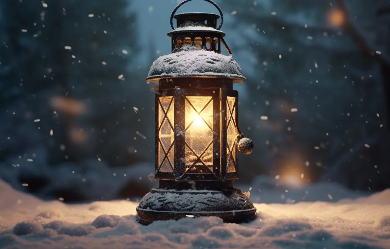Фото обои зима, снег, ночь, Рождество, фонарь, Новый год, Christmas, night