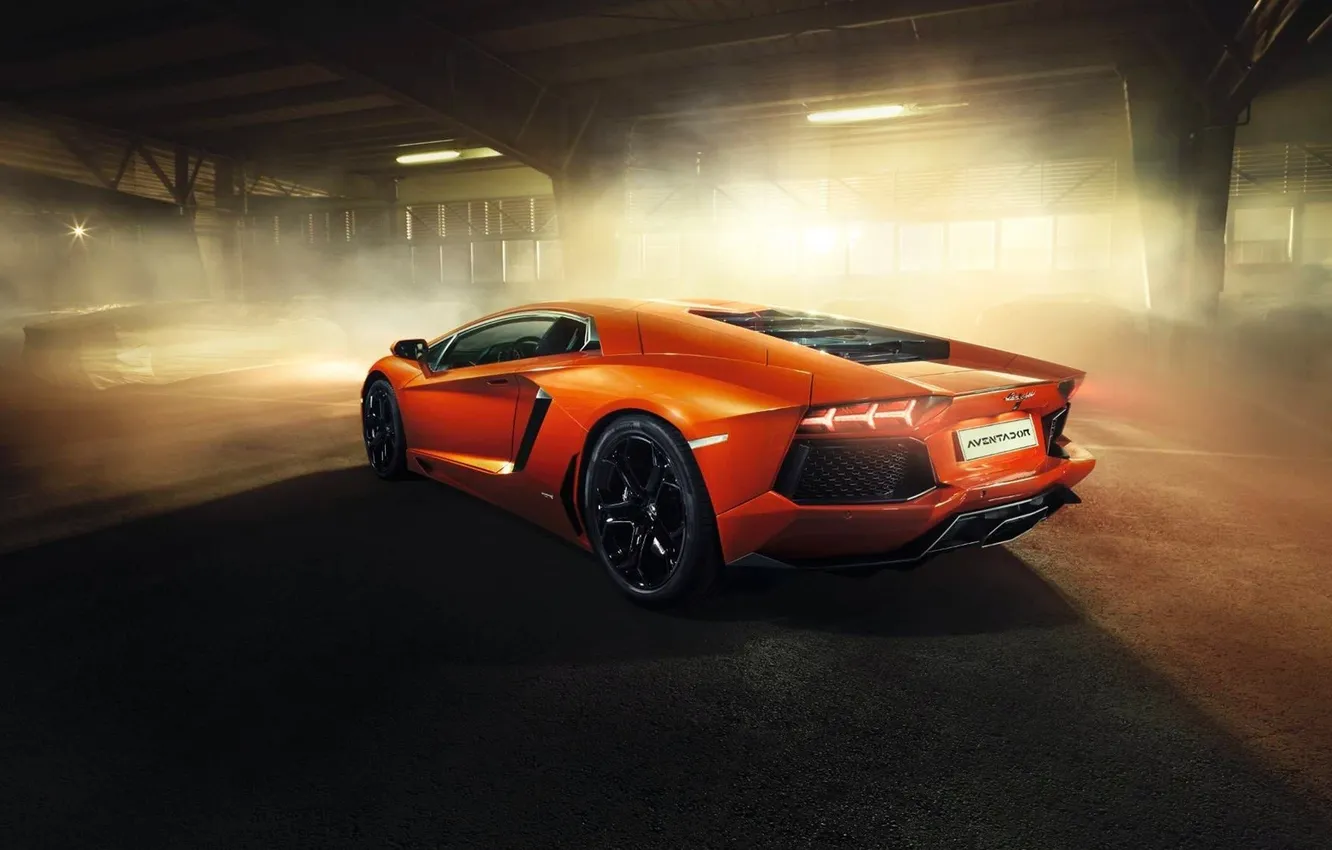 Фото обои машина, свет, Lamborghini, ангар, суперкар, Aventador