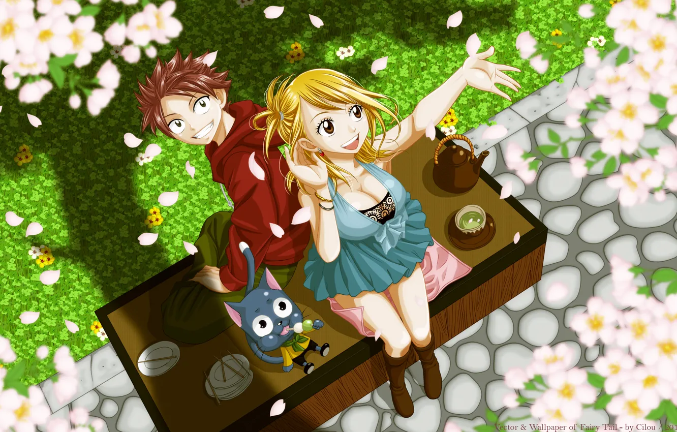 Фото обои девушка, весна, чаепитие, парень, happy, цветение, fairy tail, lucy heartfilia