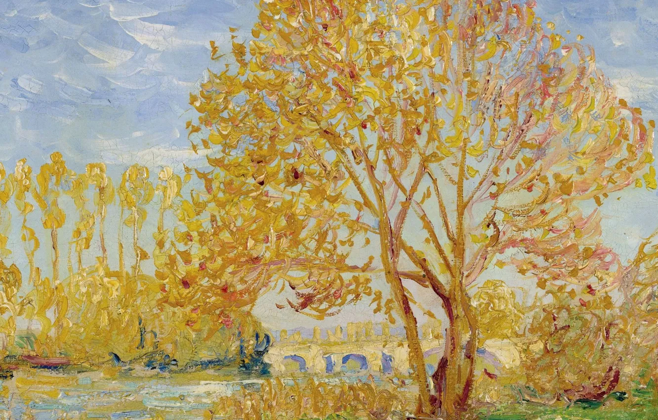 Фото обои пейзаж, мост, река, дерево, картина, Francis Picabia, Осенний Эффект, Франсис Пикабиа