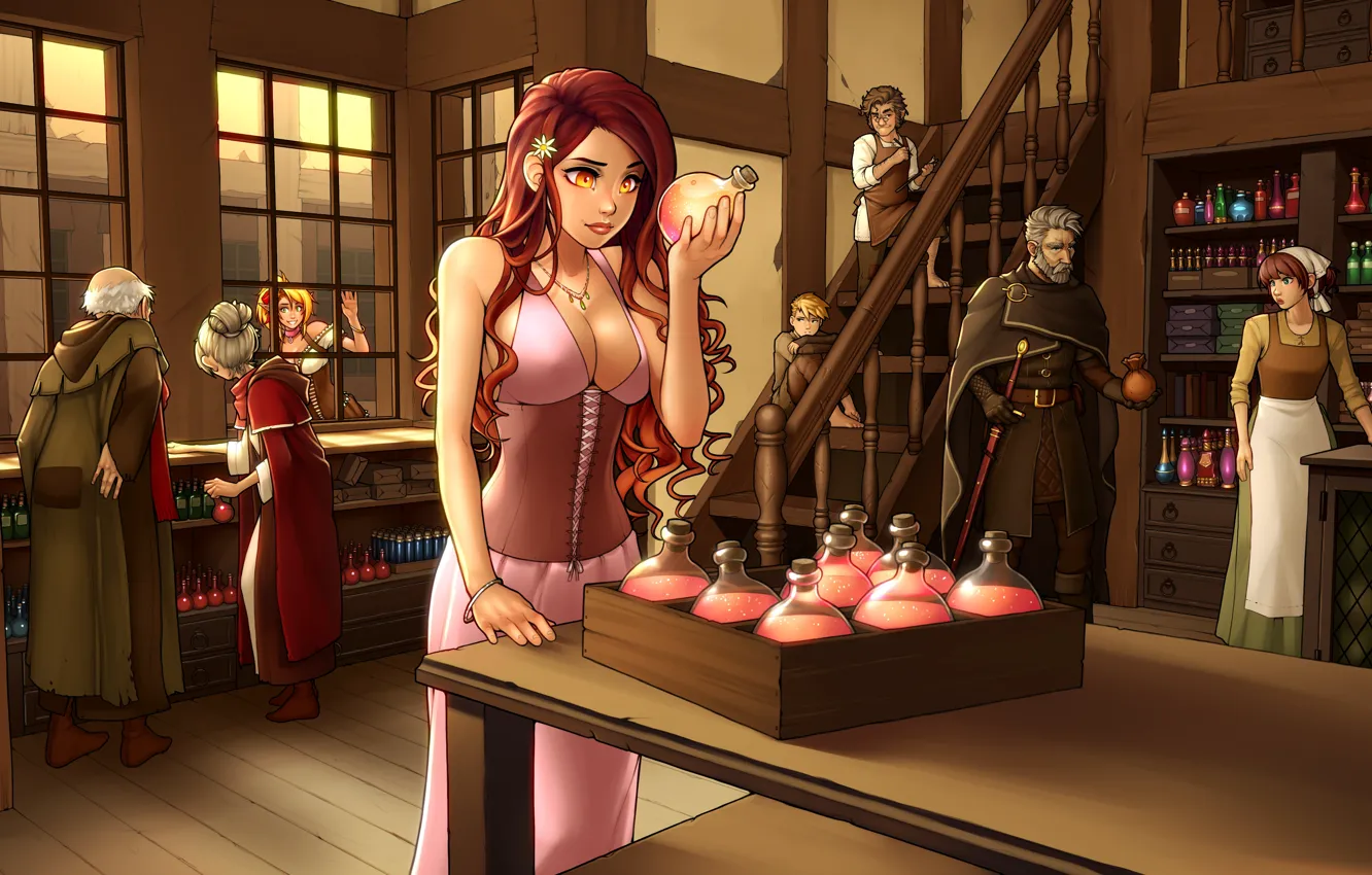 Фото обои грудь, девушка, эльф, бутылка, платье, арт, красавица, рыжая