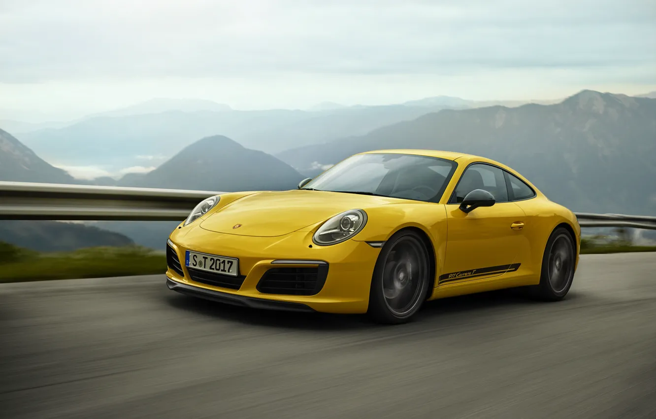 Фото обои дорога, жёлтый, Porsche, ограждение, горный пейзаж, 911 Carrera T