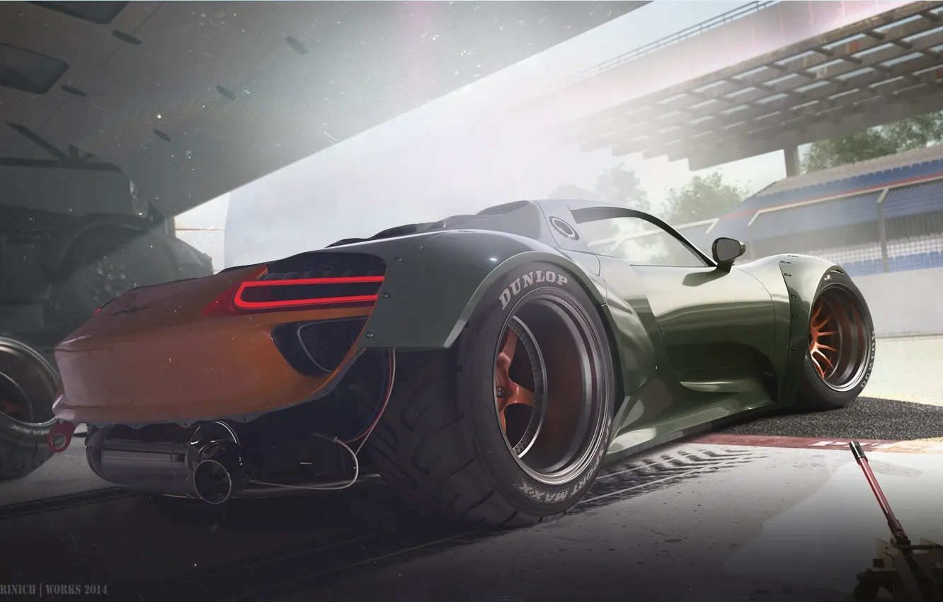 Фото обои Concept, Porsche, Car, Race, 918, Wheels, Garage, Rear