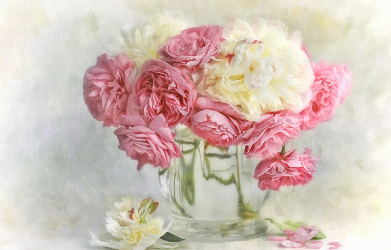 Фото обои стекло, вода, цветы, фон, букет, лепестки, арт, ваза
