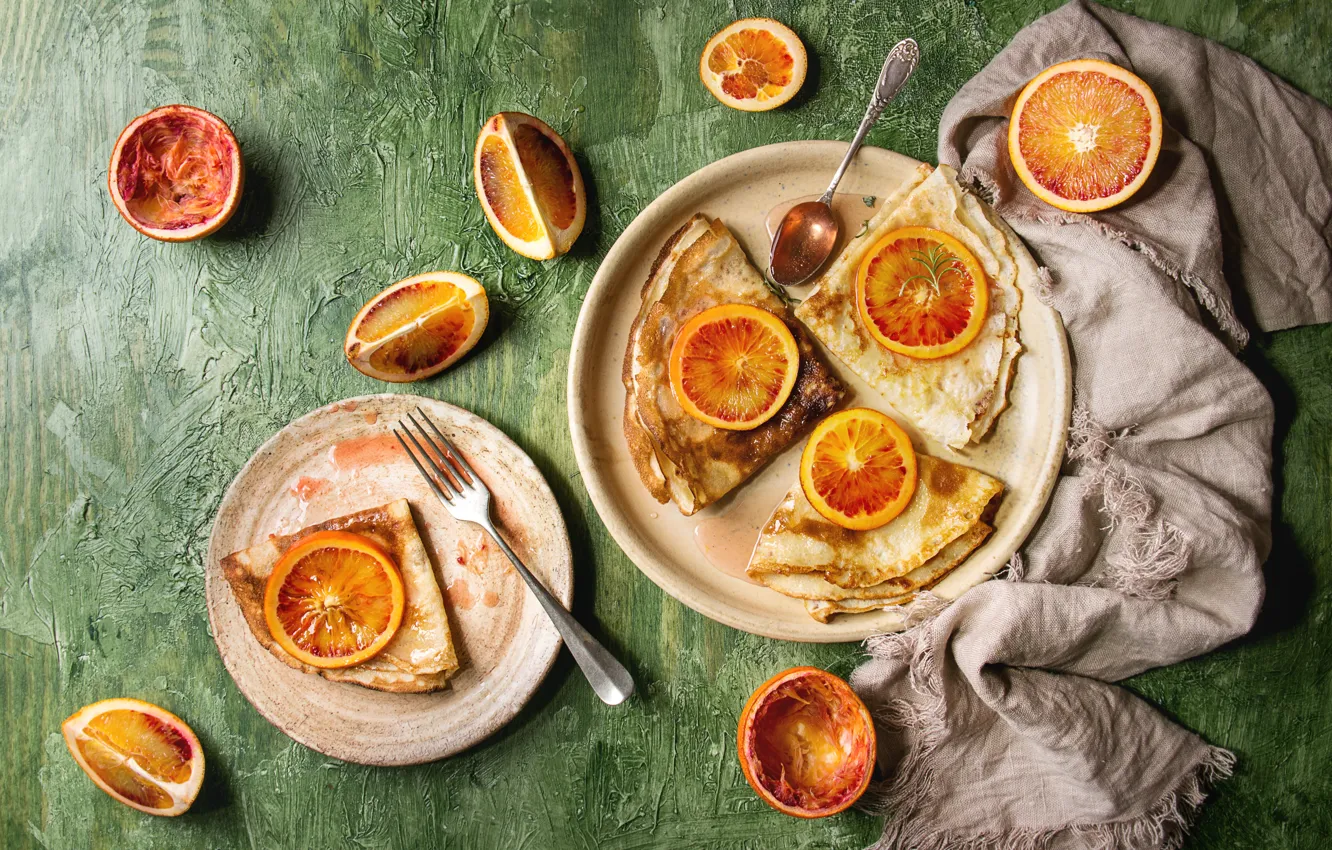 Фото обои апельсин, завтрак, дольки, блинчики, Natasha Breen