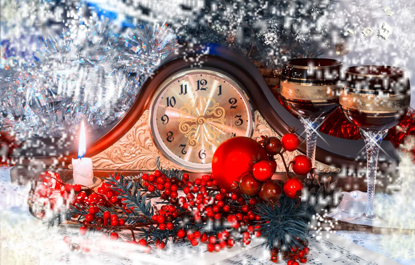 Фото обои зима, ветки, красный, ягоды, праздник, стрелки, часы, шар