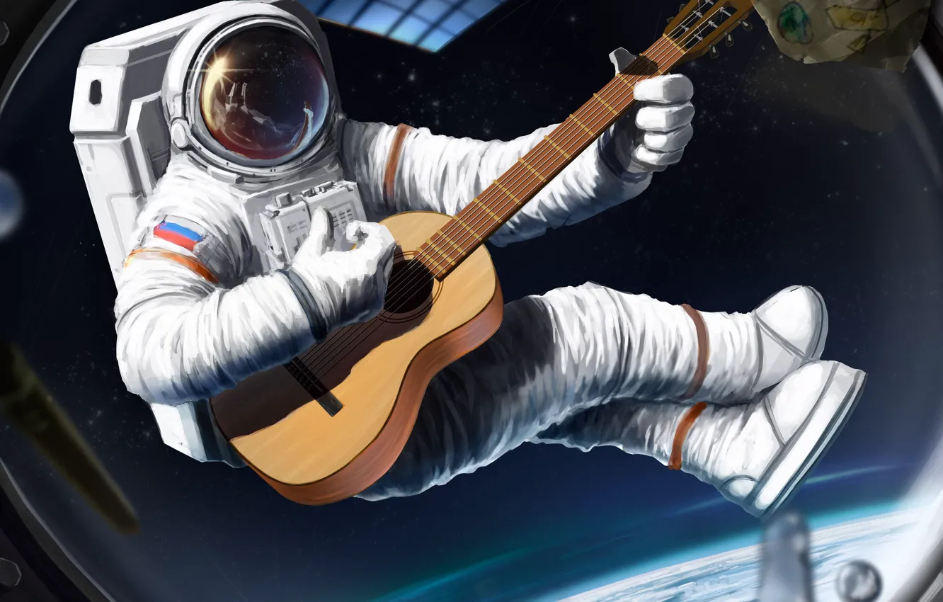 Фото обои космос, корабль, гитара, космонавт, скафандр, арт, иллюминатор, шлем