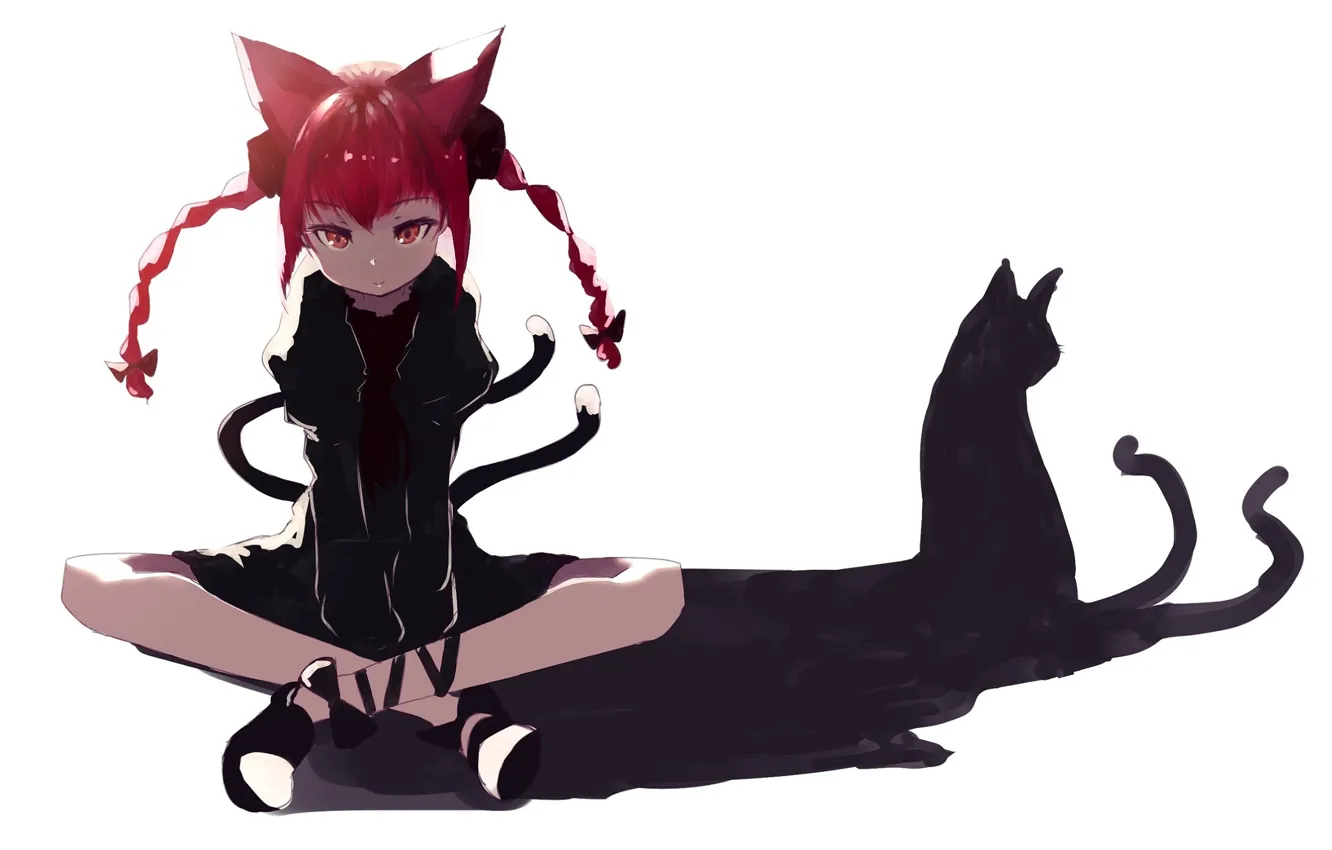 Фото обои тень, белый фон, косички, рыжая, сидит, ушки, touhou, art