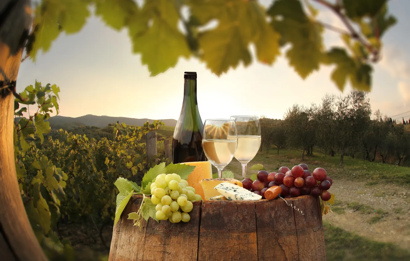 Фото обои вино, сыр, виноград, бочка