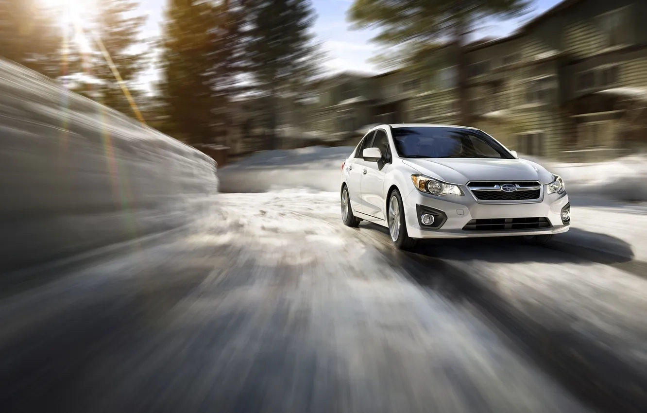 Фото обои зима, машина, авто, солнце, скорость, subaru impreza