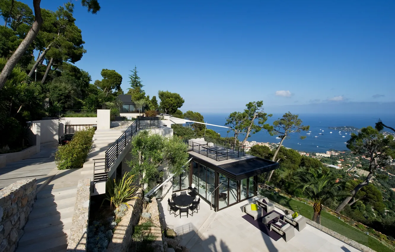 Фото обои море, город, вилла, вид, яхта, горизонт, залив, терраса