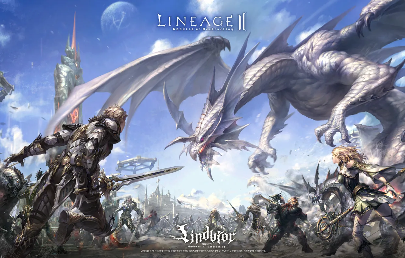 Фото обои дракон, человек, эльфийка, Lineage 2, lineage, гном, линейка, game wallpapers