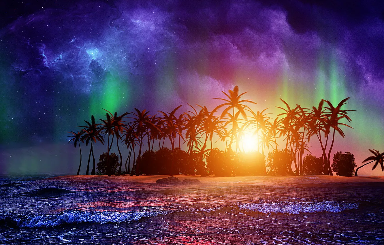 Фото обои colorful, aurora, sky, trees, digital, sea, ocean, nature