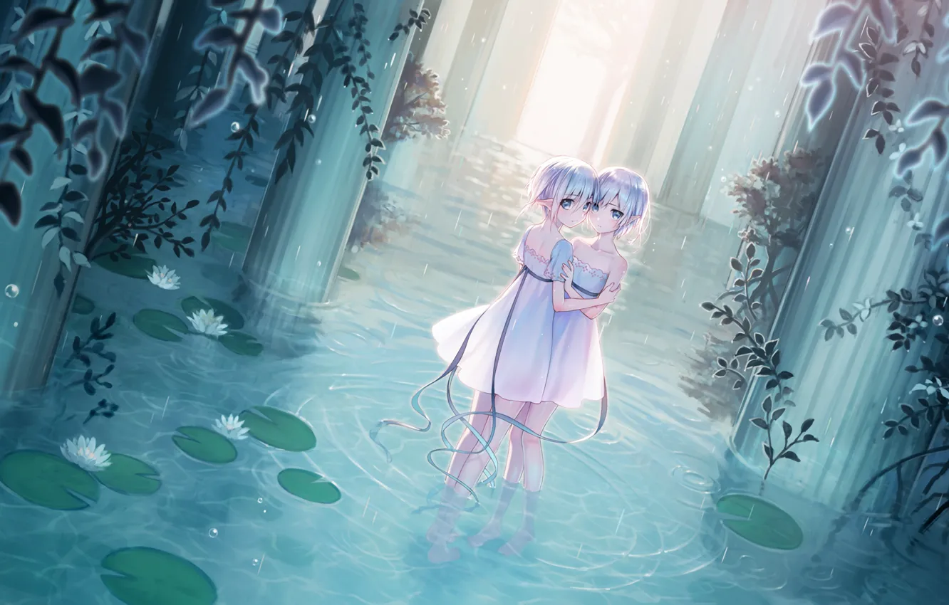 Фото обои вода, ленты, девушки, дождь, платье, ушки, anime, art