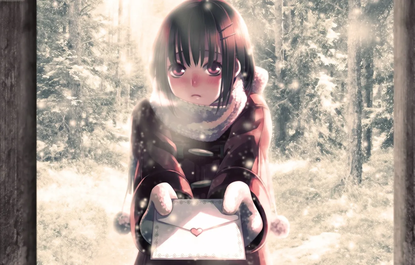 Фото обои зима, письмо, снег, аниме, девочка, сердечко, minami seira