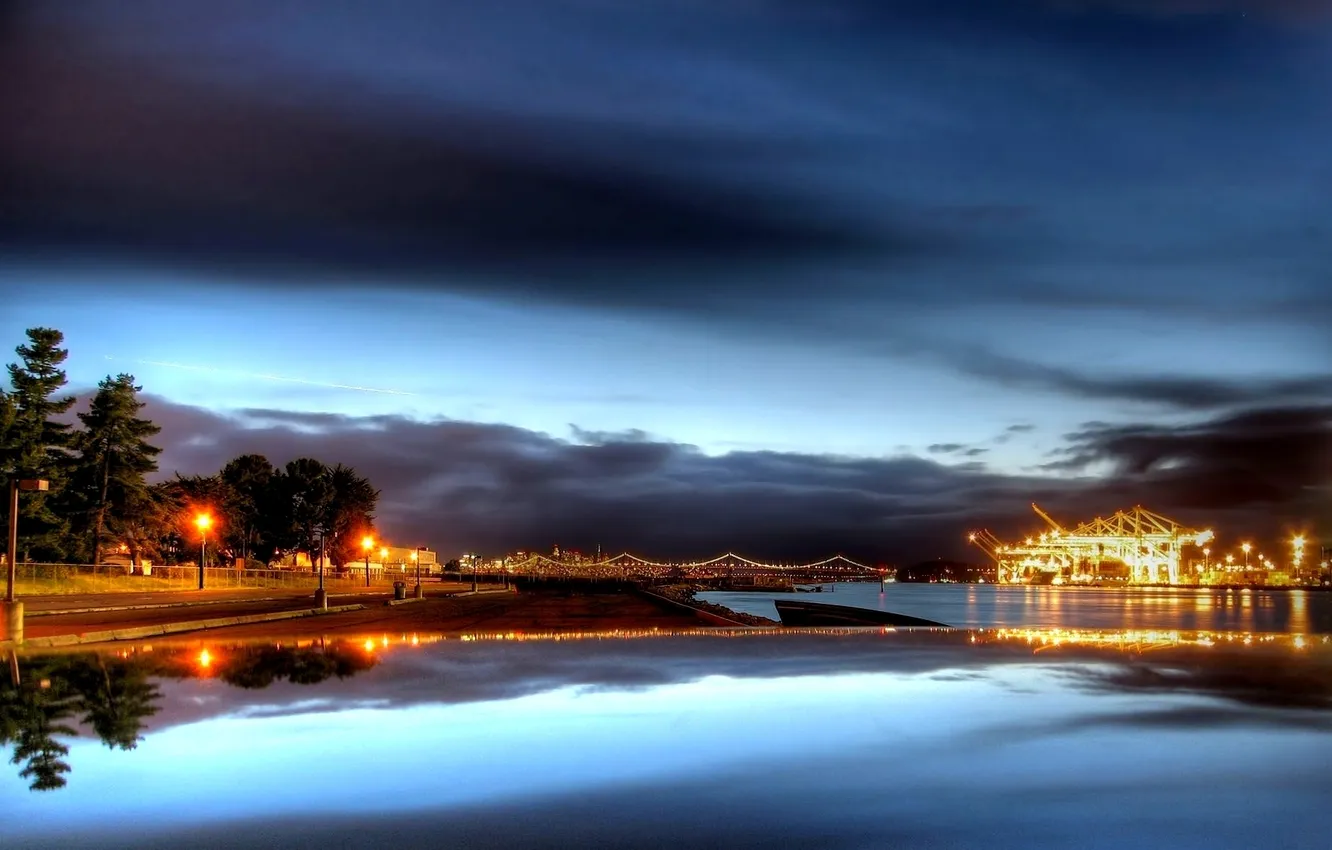 Фото обои мост, реке, на ночной, Далекий