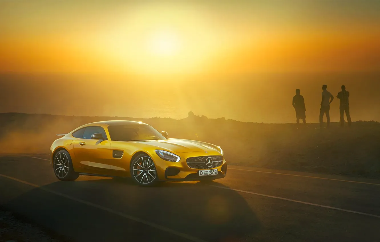 Фото обои Mercedes-Benz, Front, AMG, Sun, Day, Yellow, Road, Sea