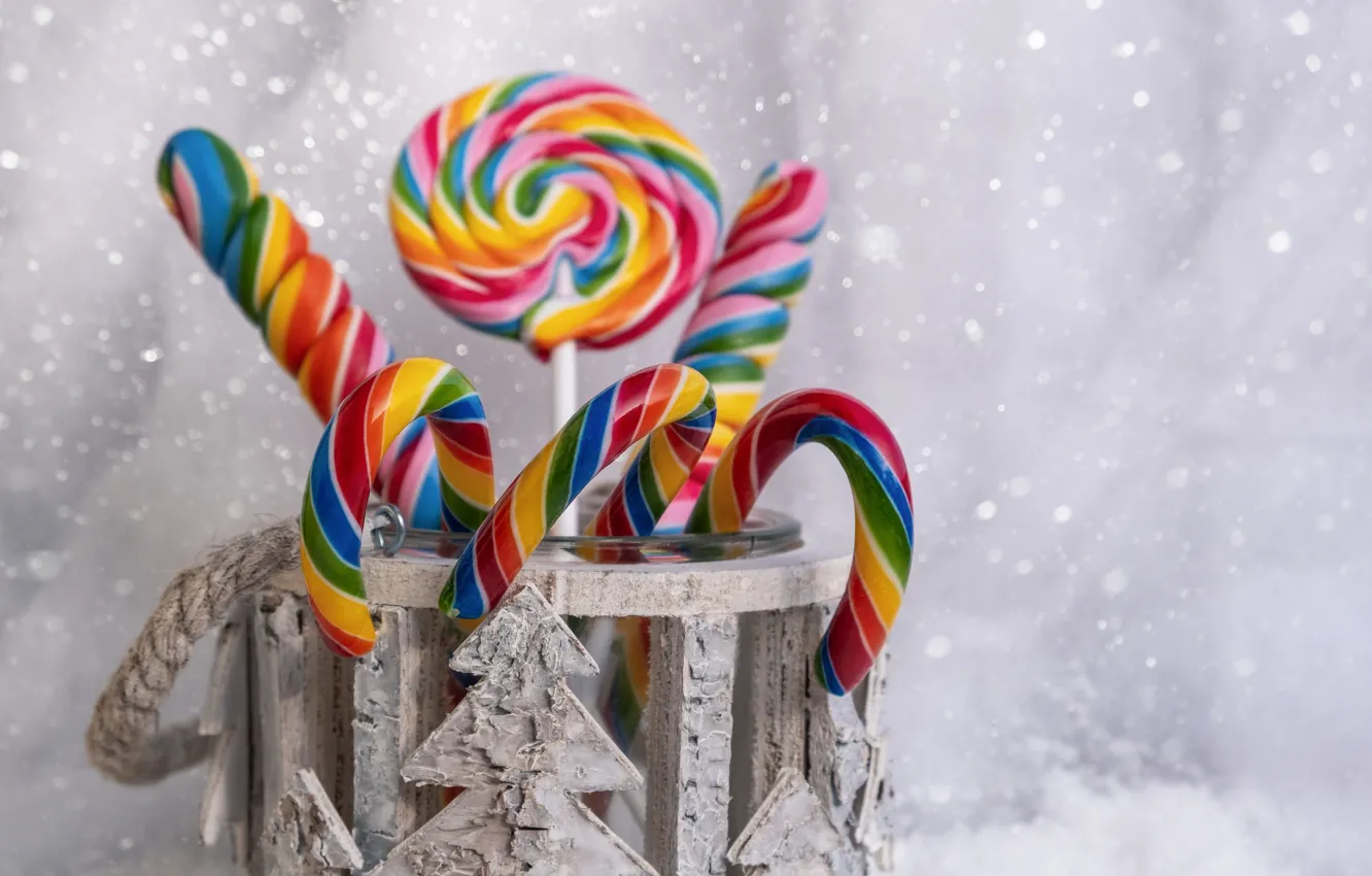 Фото обои зима, цвета, праздник, радуга, Рождество, конфеты, банка, Новый год