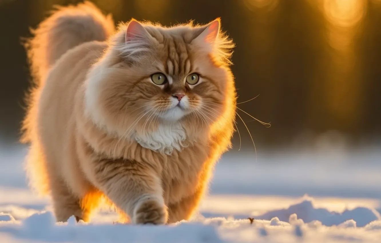 Фото обои зима, кошка, снег, пушистик, cat, winter, snow, meow