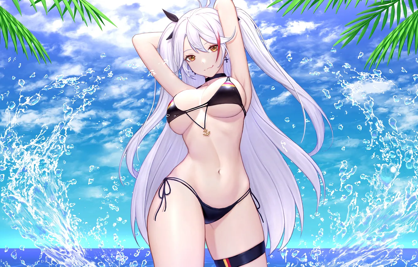 Фото обои girl, sexy, cleavage, long hair, sea, boobs, anime, water