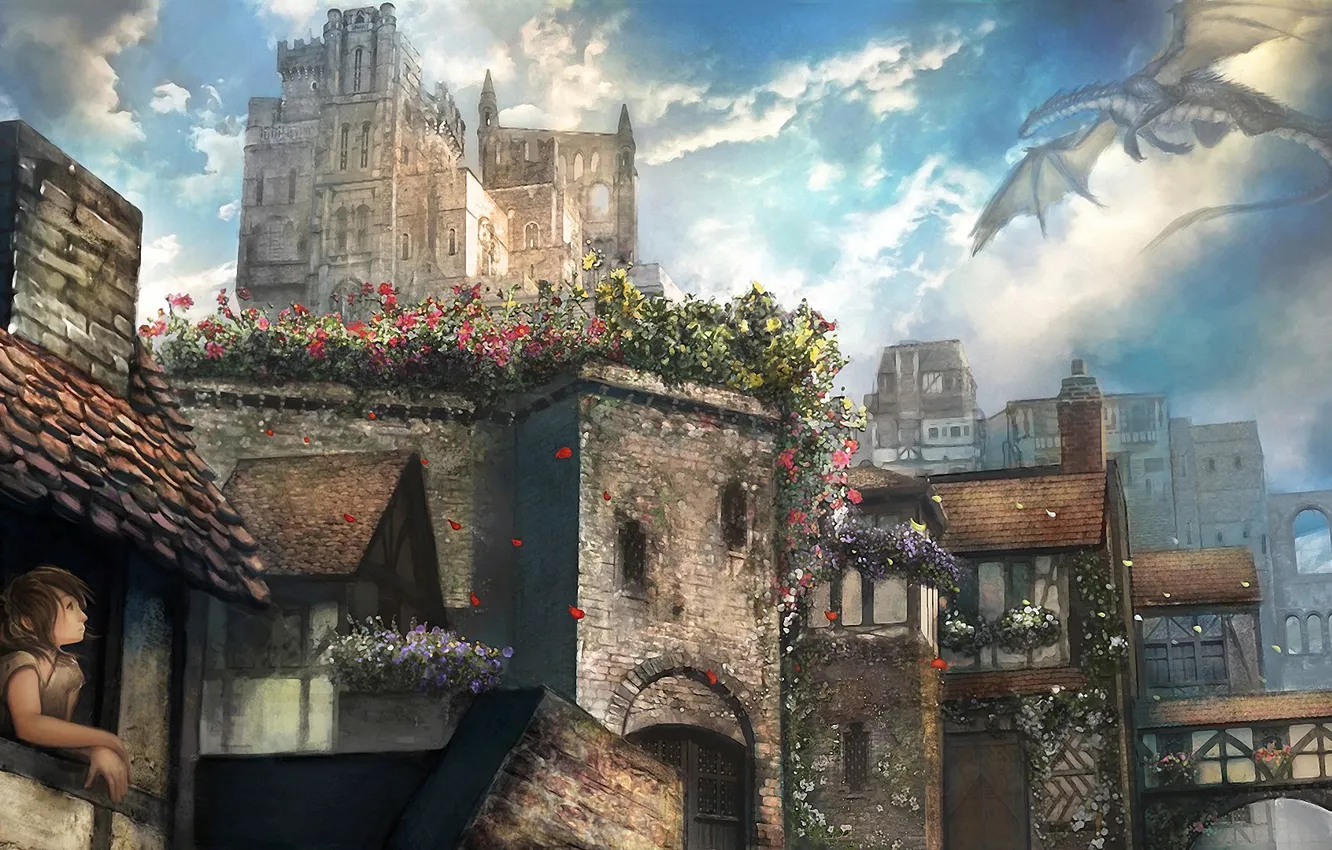 Фото обои девушка, полет, цветы, город, дракон, окно, арт