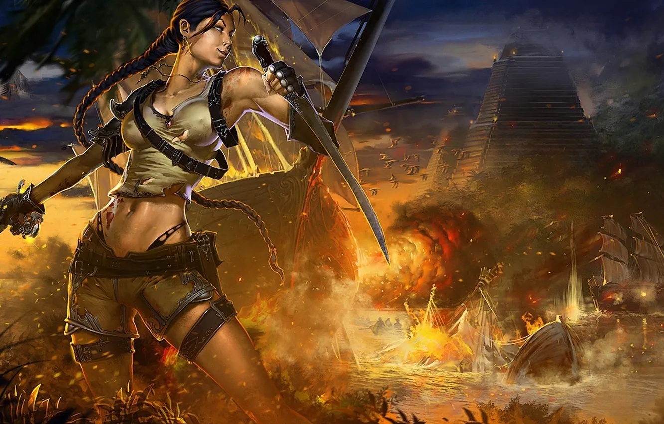 Фото обои девушка, оружие, огонь, корабли, арт, пирамиды, битва, клинок