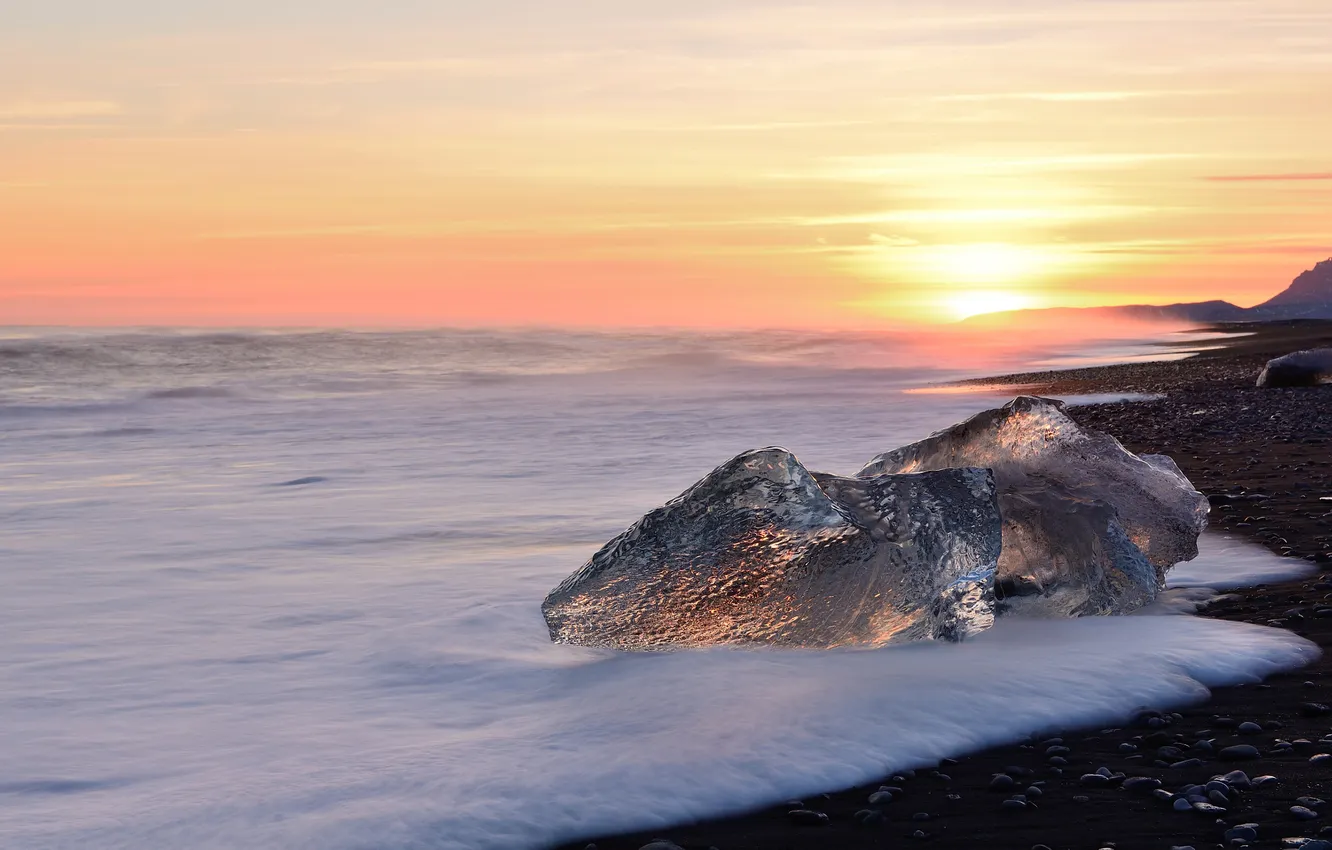 Фото обои лед, море, пляж, солнце, вечер, Исландия