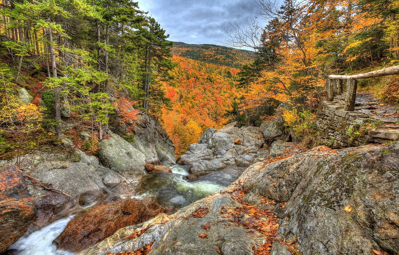 Фото обои осень, лес, пейзаж, природа, камни, фото, HDR, США