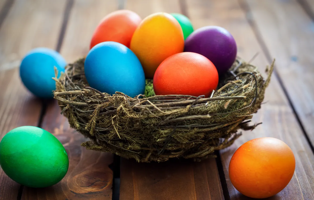 Фото обои корзина, colorful, Пасха, wood, spring, Easter, eggs, decoration