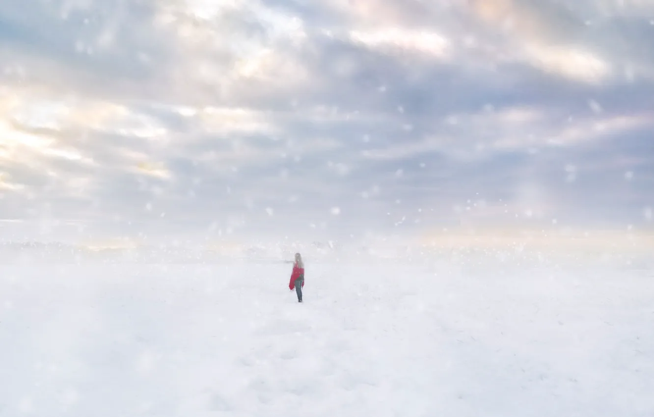 Фото обои поле, девушка, снег