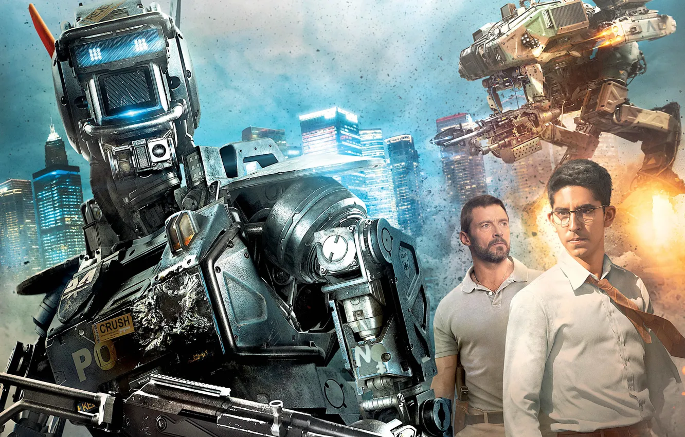 Фото обои оружие, роботы, стрельба, постер, Hugh Jackman, Хью Джекман, Chappie, Робот по имени Чаппи
