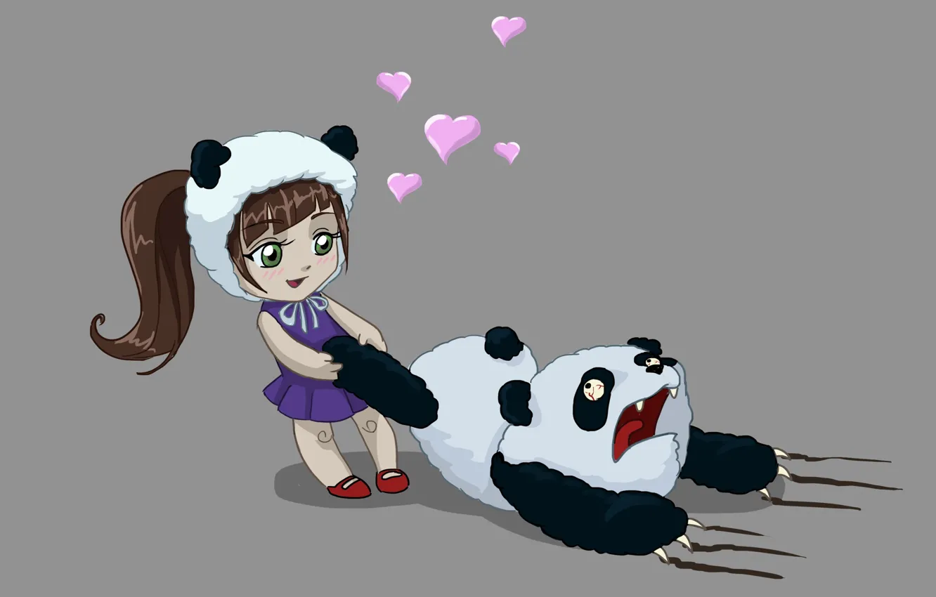 Фото обои любовь, медведь, арт, панда, девочка, сердечки, ужас, бедная панда